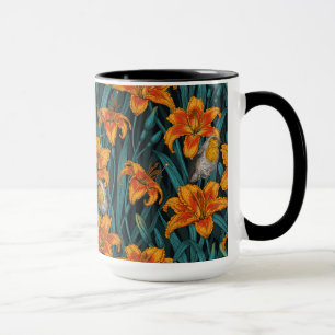 Robins and lilly flowers, orange and blue mug