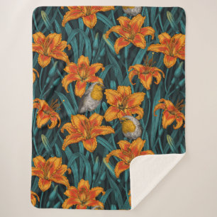 Robins and lilly flowers, orange and blue sherpa blanket