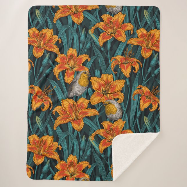 Robins and lilly flowers, orange and blue sherpa blanket (Front)