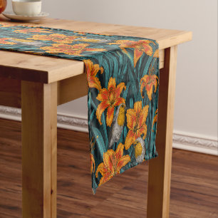 Robins and lilly flowers, orange and blue short table runner
