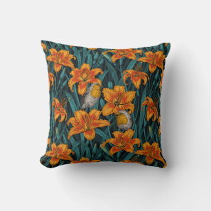 Robins and lilly flowers, orange and blue throw pillow