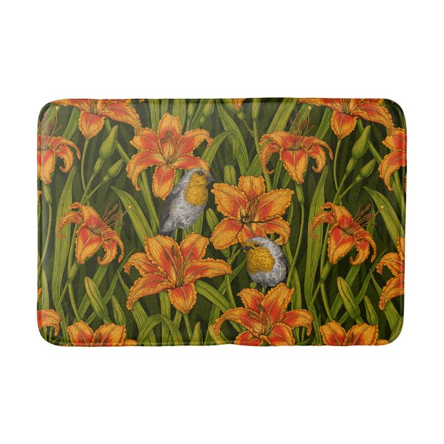 Robins and lilly flowers, orange and dark green bath mat (Front)