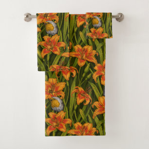 Robins and lilly flowers, orange and dark green bath towel set
