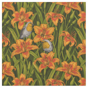 Robins and lilly flowers, orange and dark green fabric