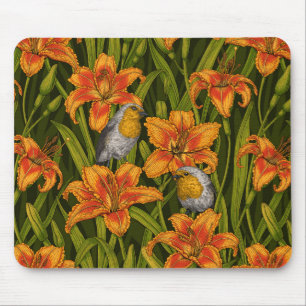 Robins and lilly flowers, orange and dark green mouse pad