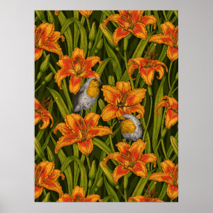 Robins and lilly flowers, orange and dark green poster
