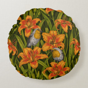 Robins and lilly flowers, orange and dark green round pillow