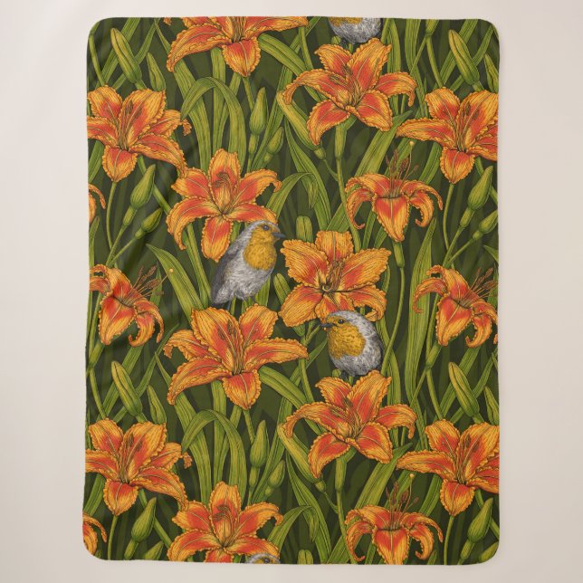 Robins and lilly flowers, orange and dark green sherpa blanket (Front)
