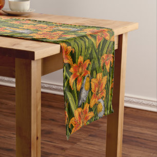 Robins and lilly flowers, orange and dark green short table runner