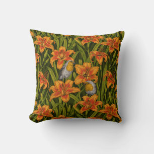 Robins and lilly flowers, orange and dark green throw pillow