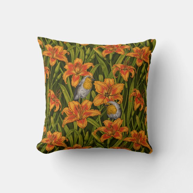 Robins and lilly flowers, orange and dark green throw pillow (Front)