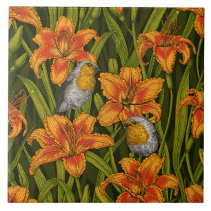Robins and lilly flowers, orange and dark green tile