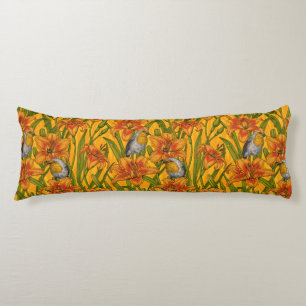 Robins and lilly flowers, orange and green body pillow
