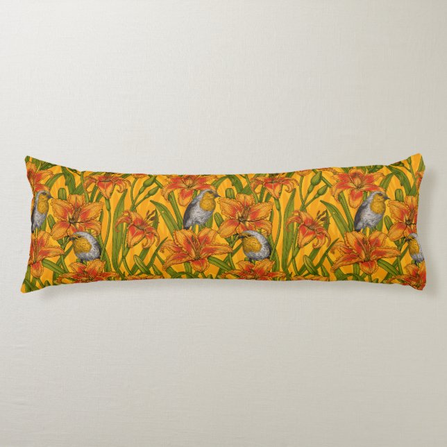 Robins and lilly flowers, orange and green body pillow (Front)
