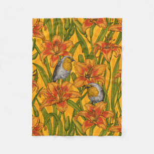 Robins and lilly flowers, orange and green fleece blanket