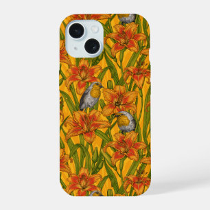 Robins and lilly flowers, orange and green iPhone 15 case
