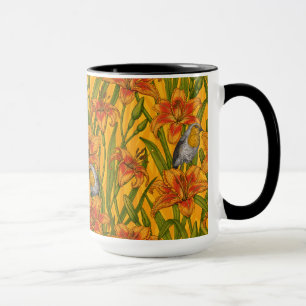 Robins and lilly flowers, orange and green mug