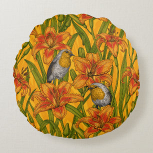 Robins and lilly flowers, orange and green round pillow