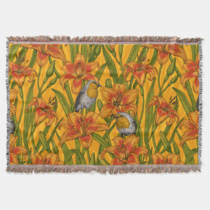 Robins and lilly flowers, orange and green throw blanket
