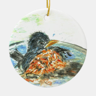 Robin's Bird Bath Ceramic Ornament