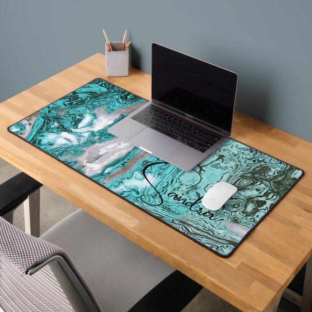 Robins Egg Blue and Grey Abstract Personalized Desk Mat (Office 2)
