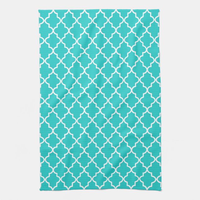 Robin's Egg Blue and White Moroccan Quatrefoil Kitchen Towel (Vertical)