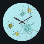 Robin's Egg Blue Atomic Starbursts Wall Clock<br><div class="desc">This Robin’s Egg Blue Iconic Atomic Starbursts Round Acrylic Wall Clock pattern features iconic atomic starbursts. That’s right! The old school, robin’s egg blue colored background with gold speckles is the perfect backdrop for the vibrant turquoise, soothing celery, and kitschy pear green colored circles. The spots of color are sporadically...</div>