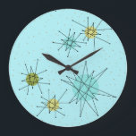 Robin's Egg Blue Atomic Starbursts Wall Clock<br><div class="desc">This Robin’s Egg Blue Iconic Atomic Starbursts Round Acrylic Wall Clock pattern features iconic atomic starbursts. That’s right! The old school, robin’s egg blue colored background with gold speckles is the perfect backdrop for the vibrant turquoise, soothing celery, and kitschy pear green colored circles. The spots of color are sporadically...</div>