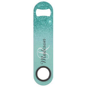 Robin's Egg Blue Faux Glitter Ombre Monogram Bar Key