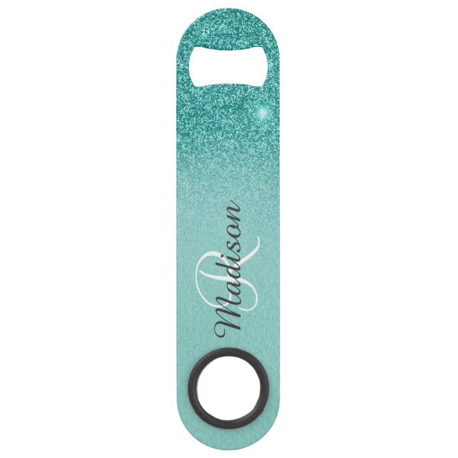 Robin's Egg Blue Faux Glitter Ombre Monogram Bar Key (Front)