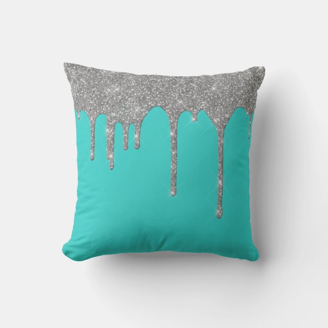 Robin's Egg Blue Silver Glitter Drips Throw Pillow (Front)