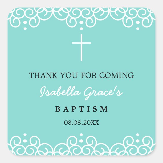 Robin's Egg Blue & White | Baptism Thank You Square Sticker (Front)