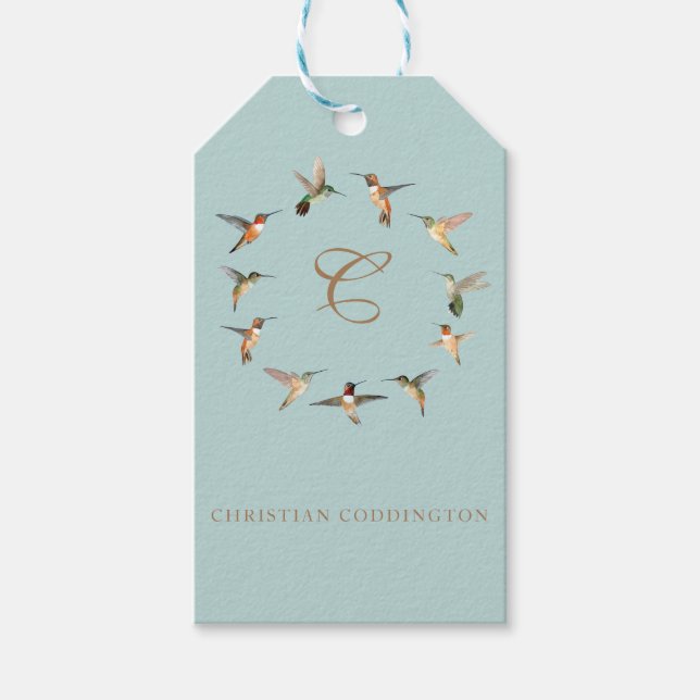 Robin's Egg Monogram Hummingbird Gift Tags (Front)