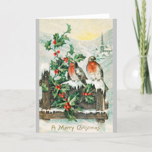 Robins et canneberges - Carte postale de Noël Vint