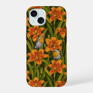 Robins et fleurs de lys, orange et vert foncé