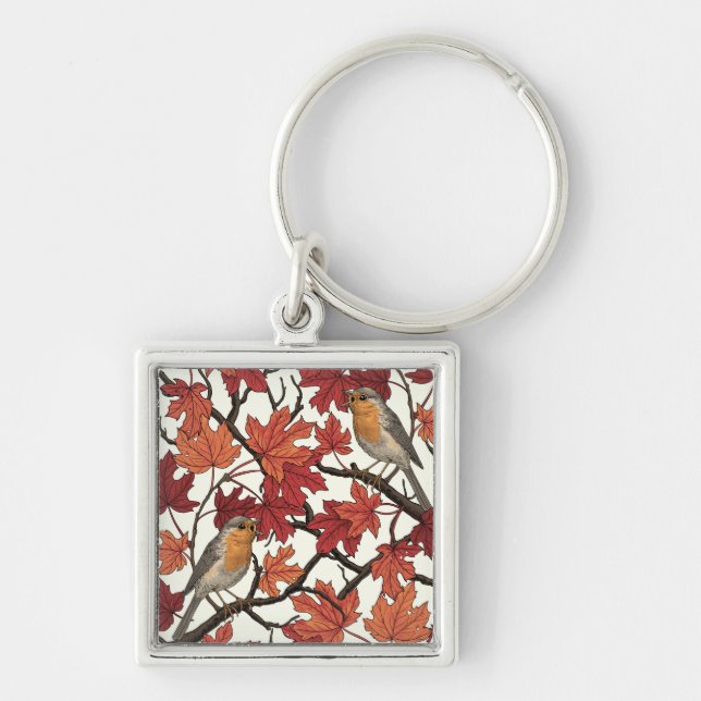 Robins in maple tree on off white keychain (Front)