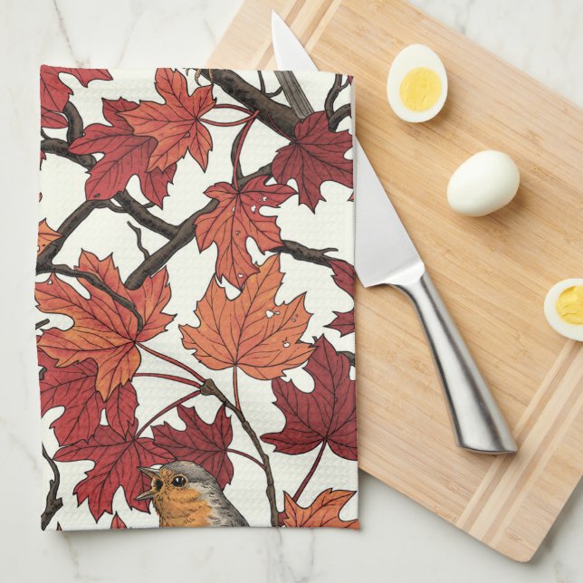 Robins in maple tree on off white kitchen towel (Quarter Fold)
