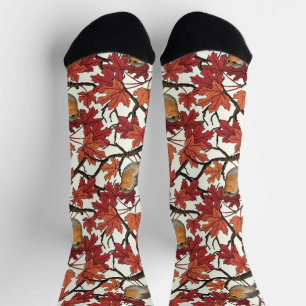 Robins in maple tree on off white socks