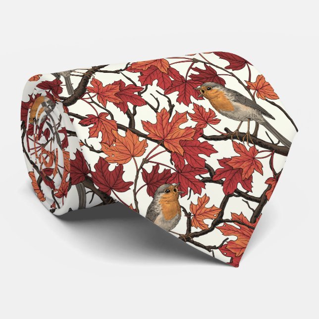 Robins in maple tree on off white tie (Rolled)