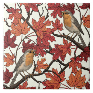 Robins in maple tree on off white tile