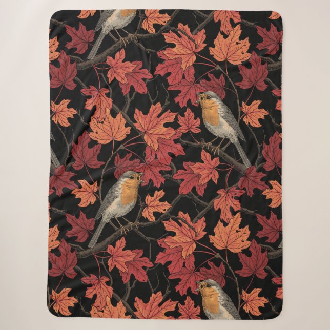 Robins in maple tree sherpa blanket (Front)
