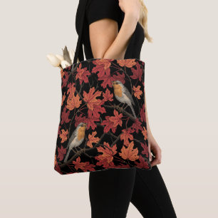 Robins in maple tree tote bag