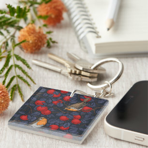 Robins in the apple tree/blue and red  keychain