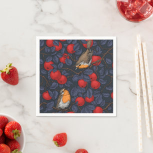 Robins in the apple tree/blue and red  napkin