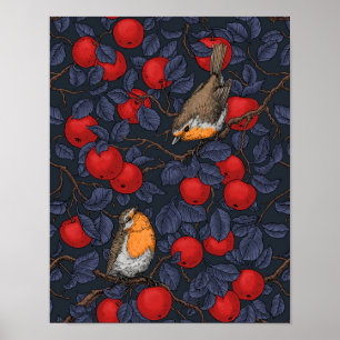 Robins in the apple tree/blue and red  poster