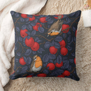 Robins in the apple tree/blue and red  throw pillow