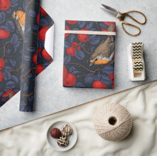 Robins in the apple tree/blue and red wrapping paper