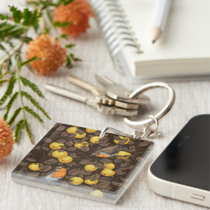 Robins in the apple tree/yellow and dark brown keychain