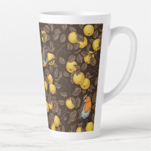 Robins in the apple tree/yellow and dark brown latte mug