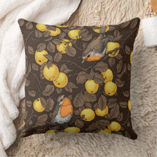 Robins in the apple tree/yellow and dark brown throw pillow